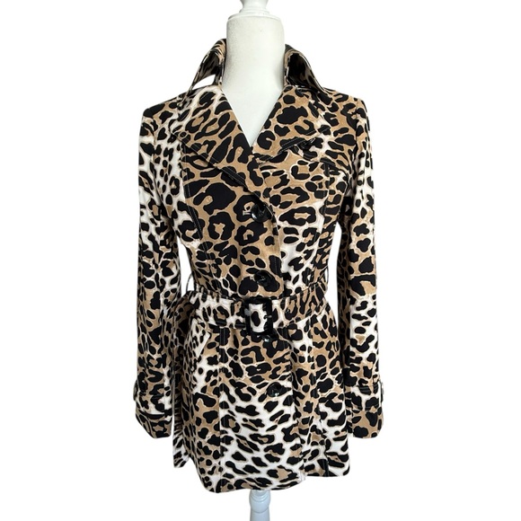 Cache Jackets & Blazers - Cache Leopard Print Trench Coat Jacket Belted Animal Print Size S